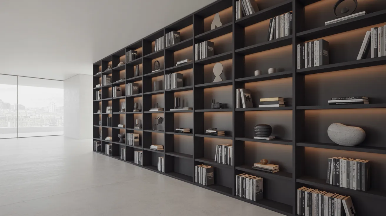 Black built in bookshelves creating bold contrast in a modern interior. 

