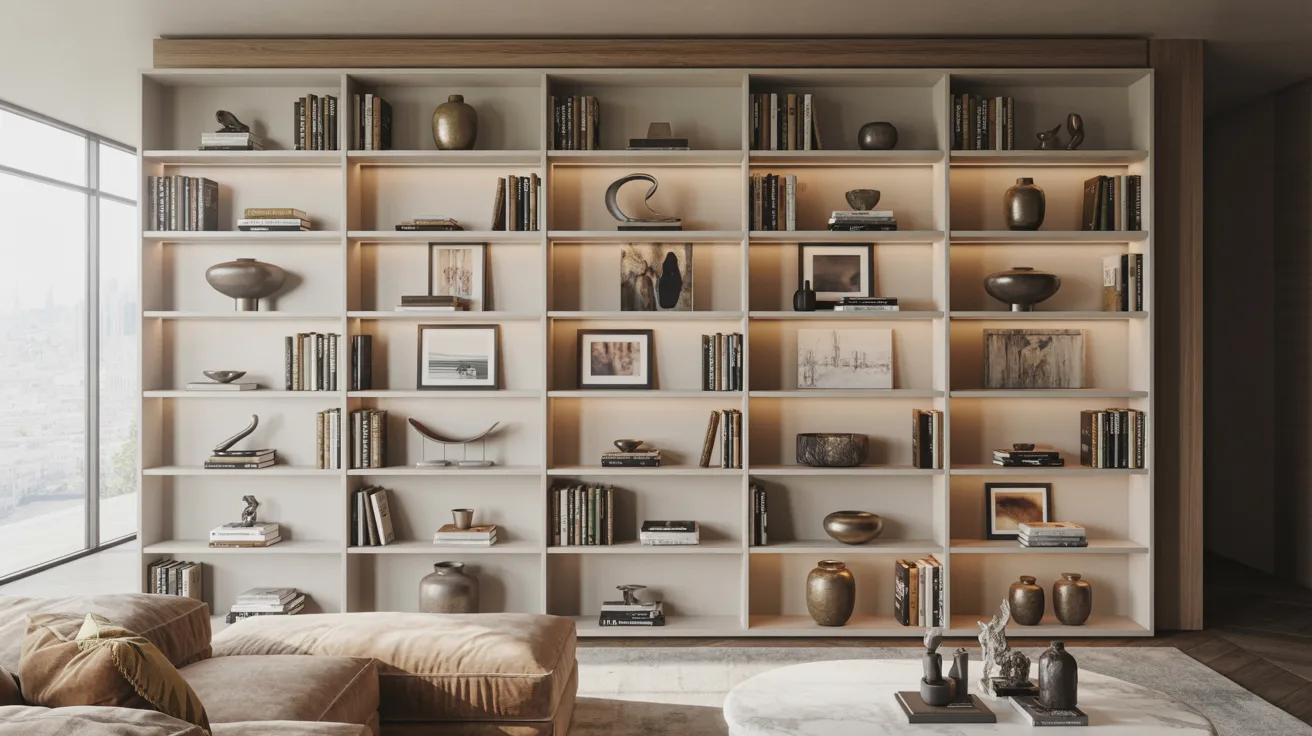 Built in bookshelves styled with artwork and decorative objects. 
