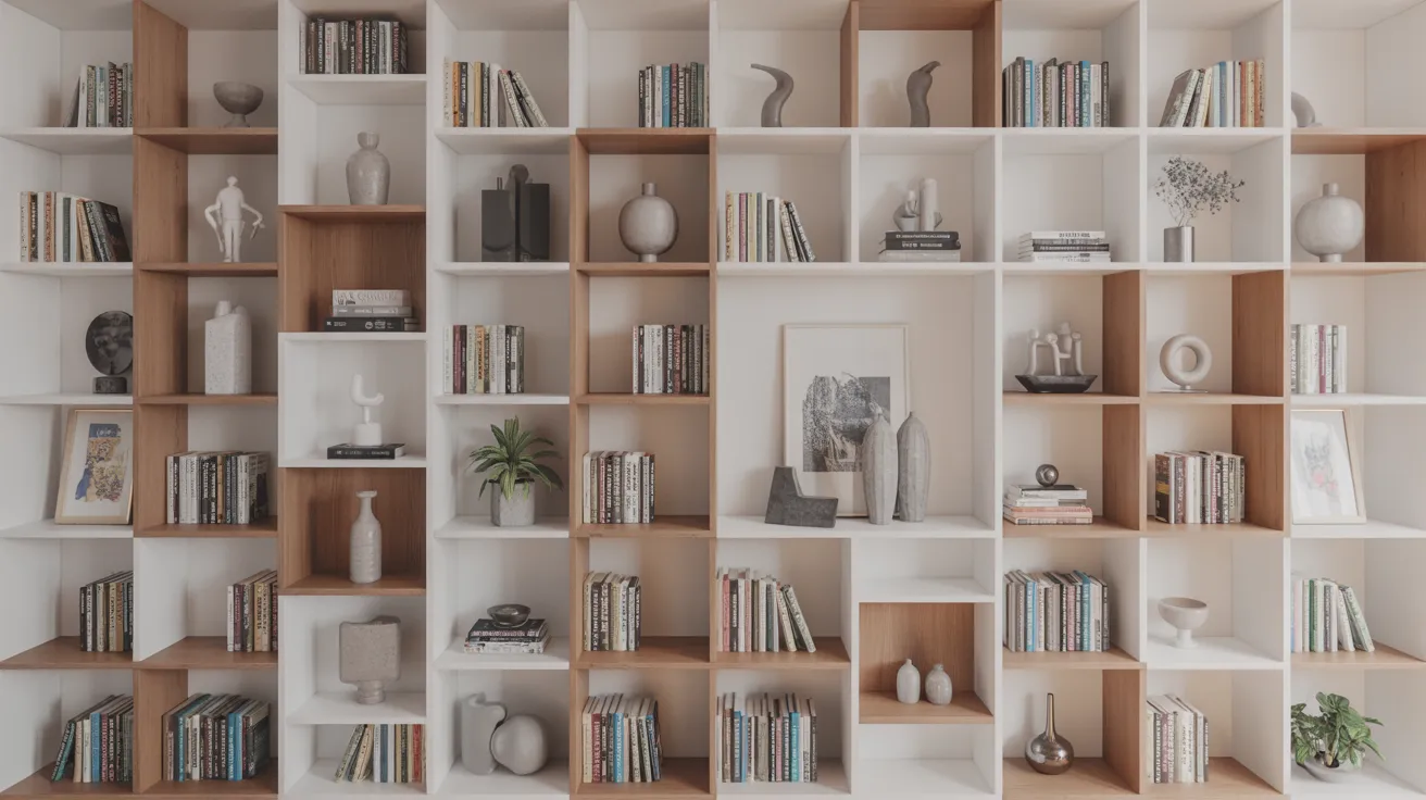 Built in bookshelves with varied shelf sizes for flexible storage and styling. 
