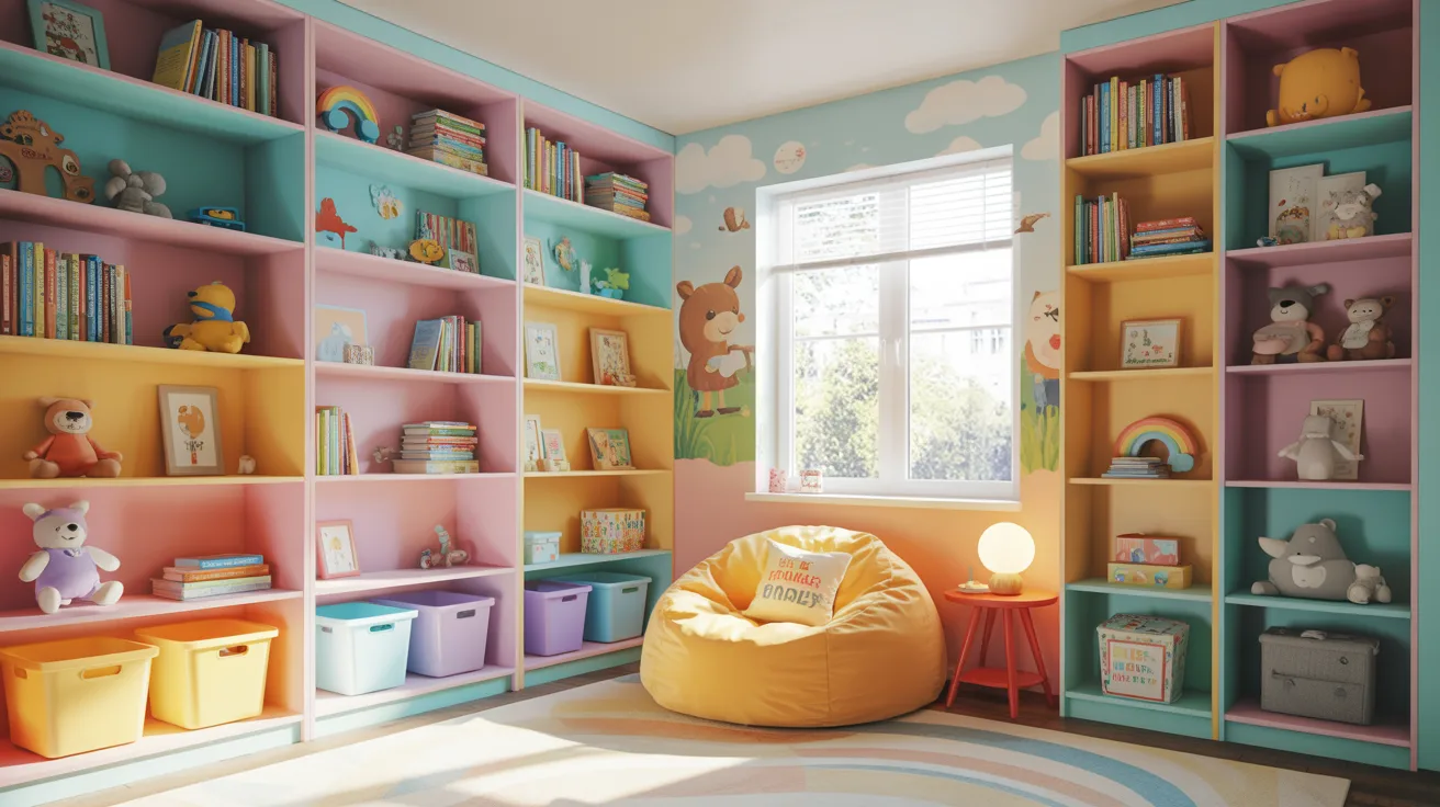 Built in bookshelves designed for a colorful and organized kids room. 

