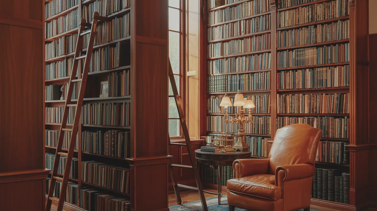 Built in bookshelves surrounding a fireplace in a cozy living room. 
