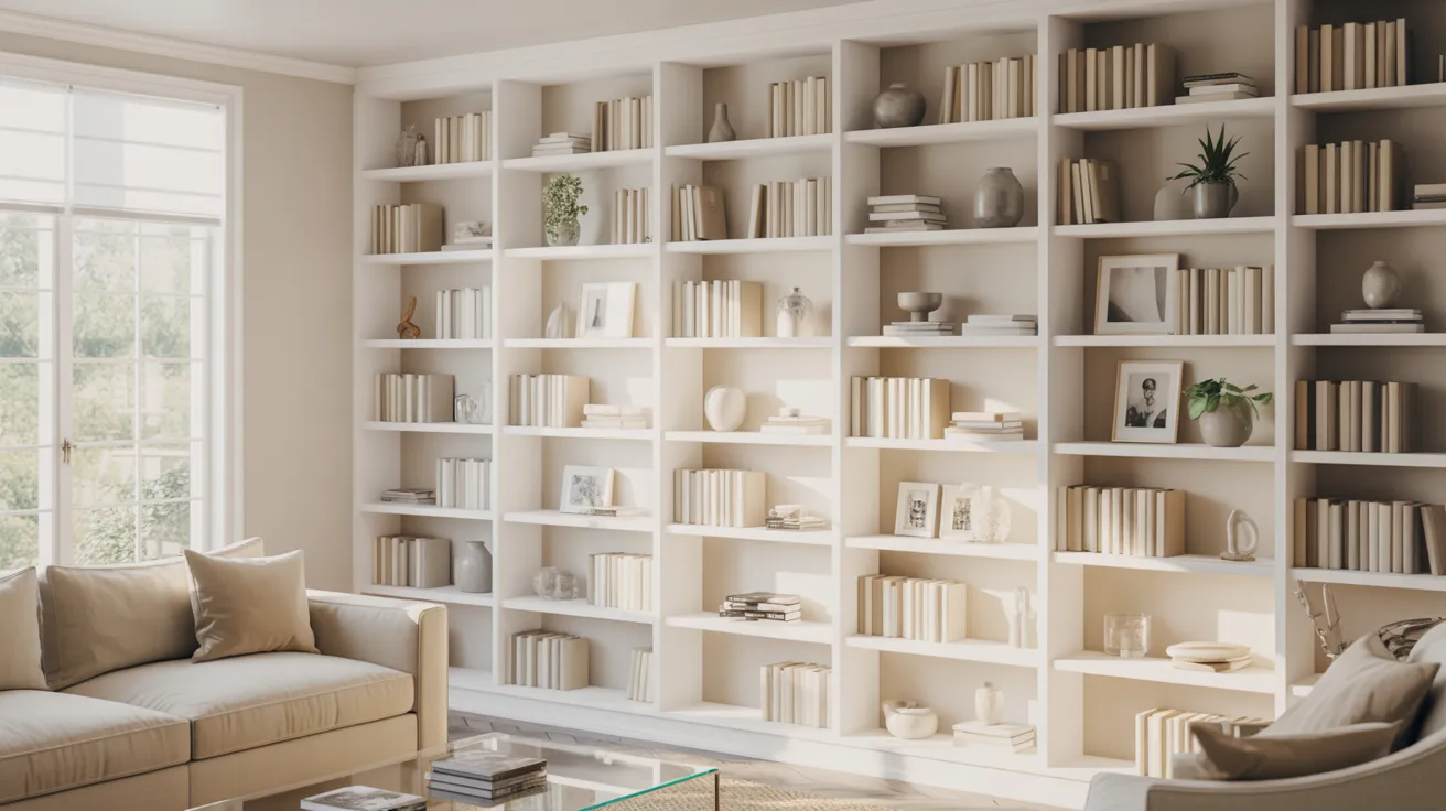 White floor to ceiling built in bookshelves in a bright and airy interior. 
