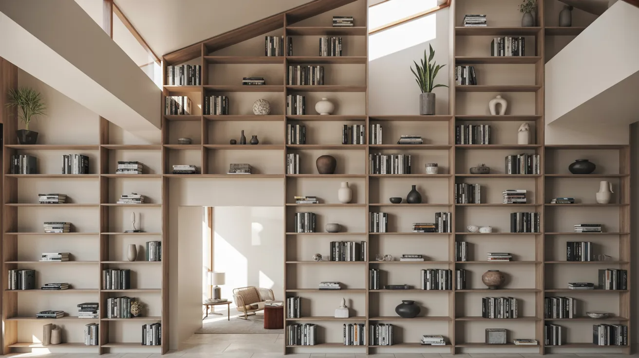 Modern living room featuring trending floor to ceiling built in bookshelves with stylish decor. 
