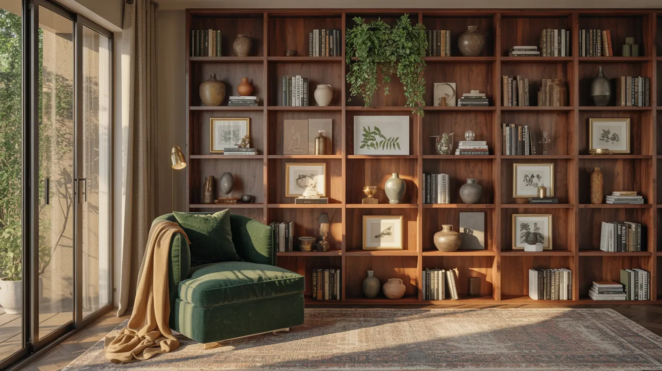 Luxury living room with floor to ceiling built in bookshelves styled with books, decor, and warm lighting.