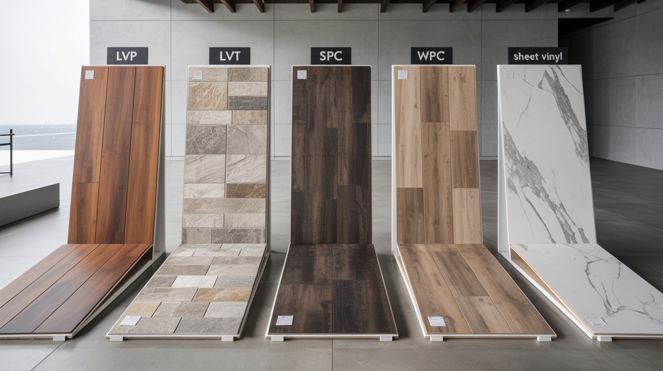Different types of vinyl flooring samples arranged side by side.