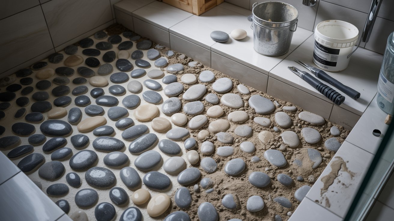 Image shows repairing the river rock shower floor.