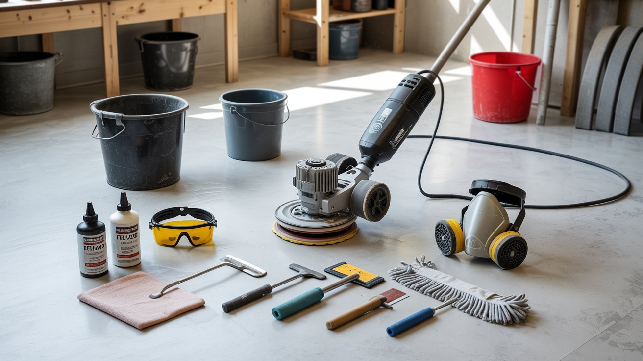 Tools and materials used for terrazzo floor restoration.