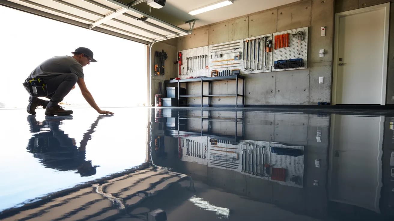 Homeowner standing in a modern garage with a glossy polyurea floor coating and organized storage space.