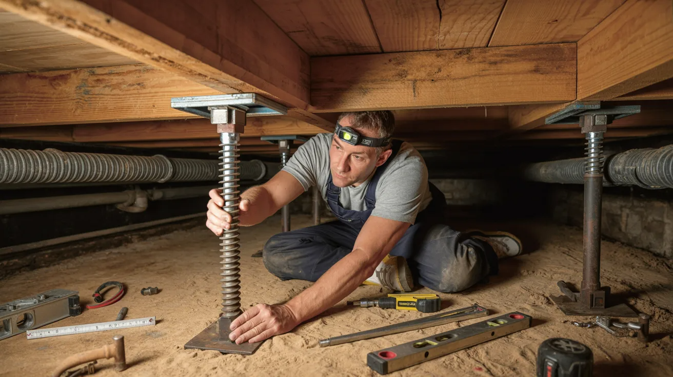 Homeowner repairing sagging floor joists in a crawl space using support jacks