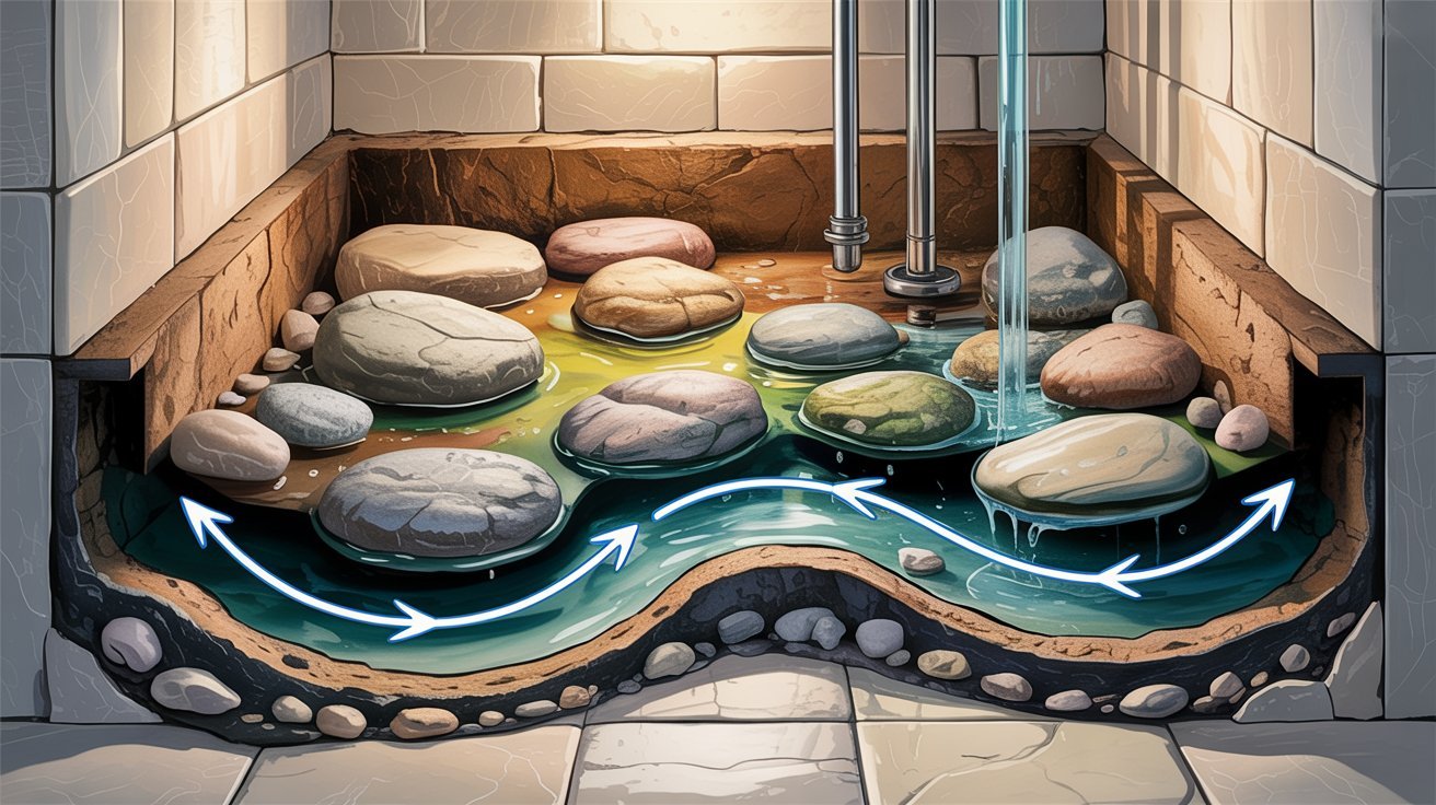Improper shower slope causing drainage problems on a river rock floor.