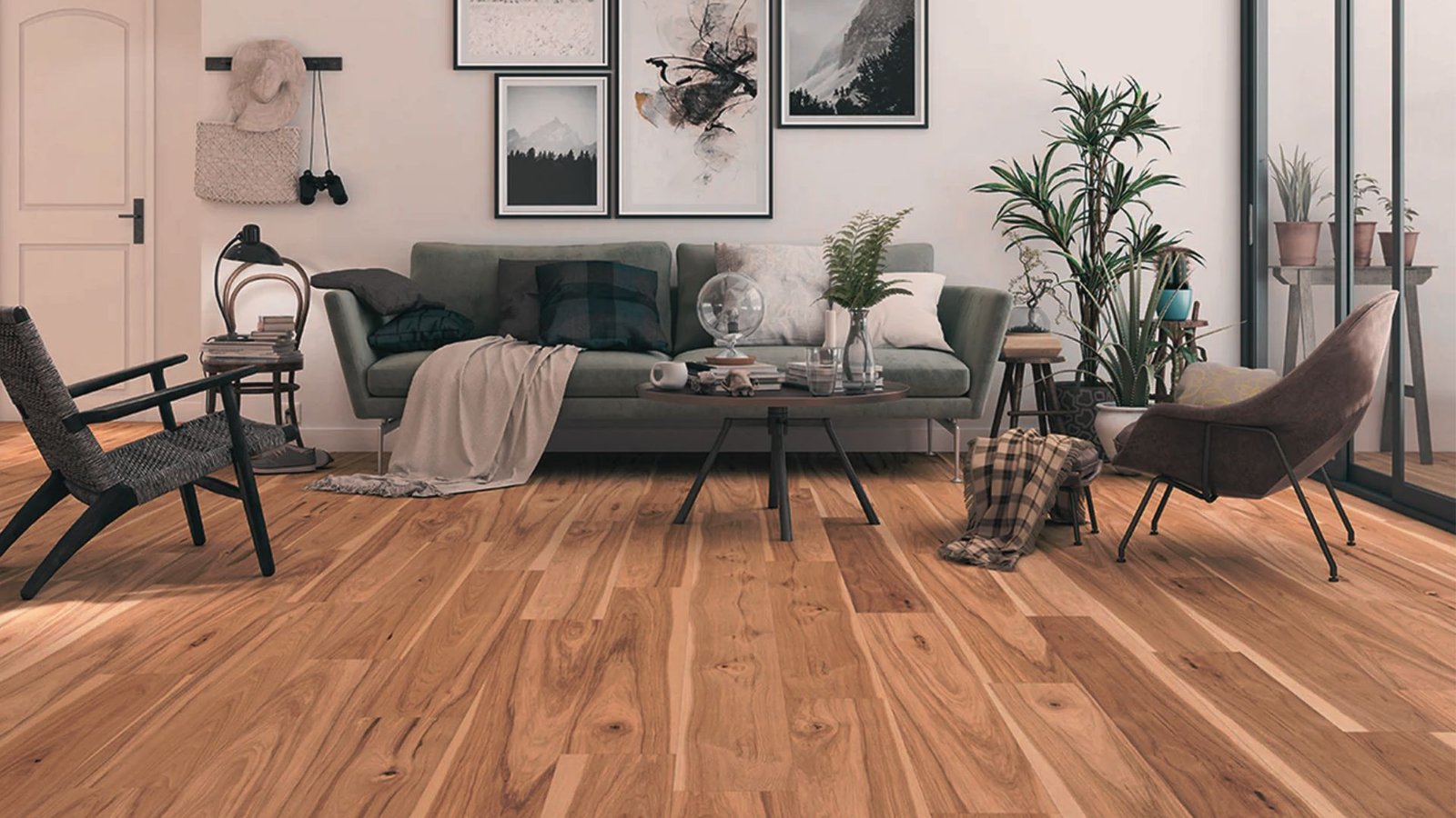 Living having hybrid resilient flooring.