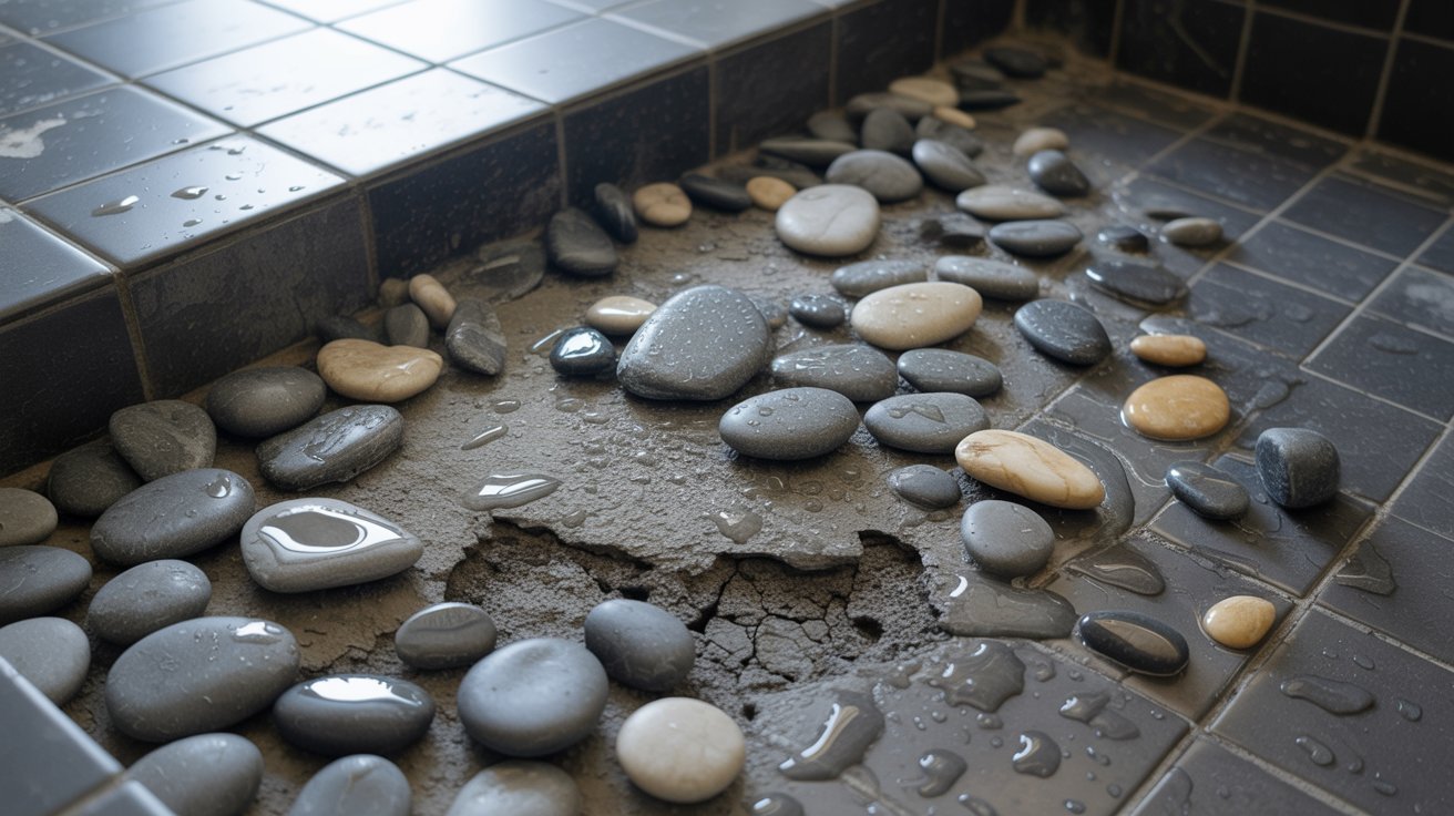 Loose pebbles and cracked grout on a river rock shower floor.