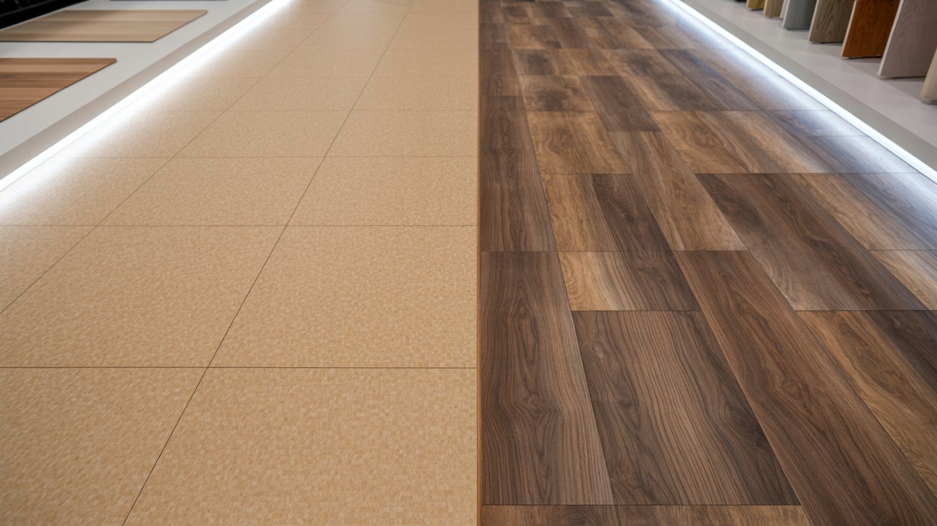 Comparison between standard sheet vinyl flooring and luxury vinyl plank flooring.