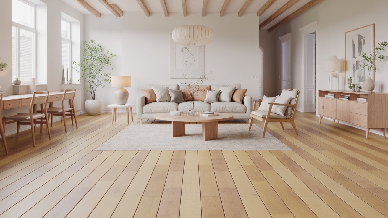 Light natural hardwood floors in a bright modern living room.