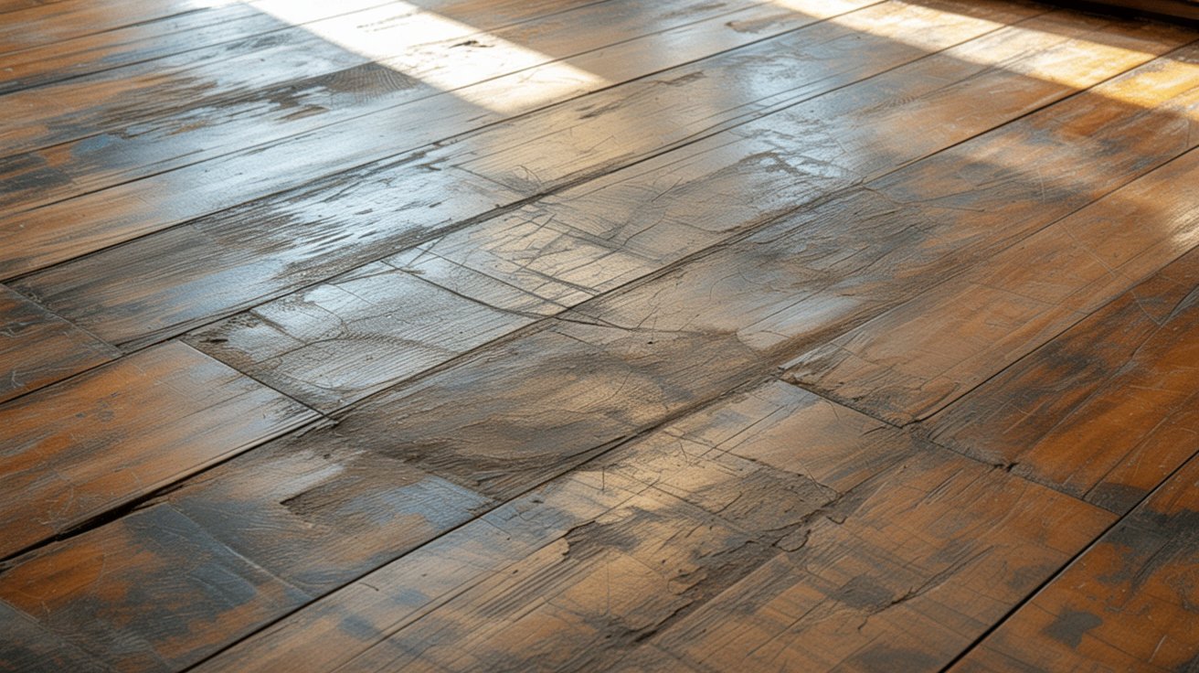 Hardwood floor with scratches and a dull worn finish.