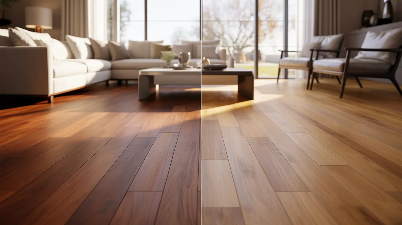 Modern living room comparing matte and satin hardwood floor finishes