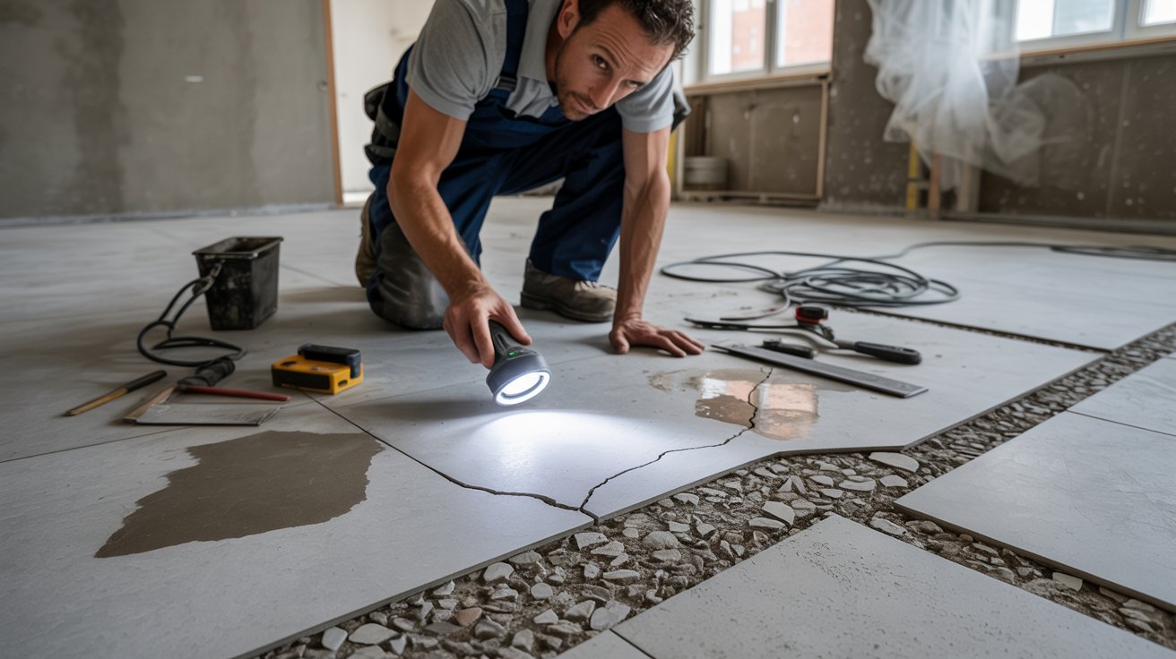 Inspecting terrazzo flooring for cracks and damage.