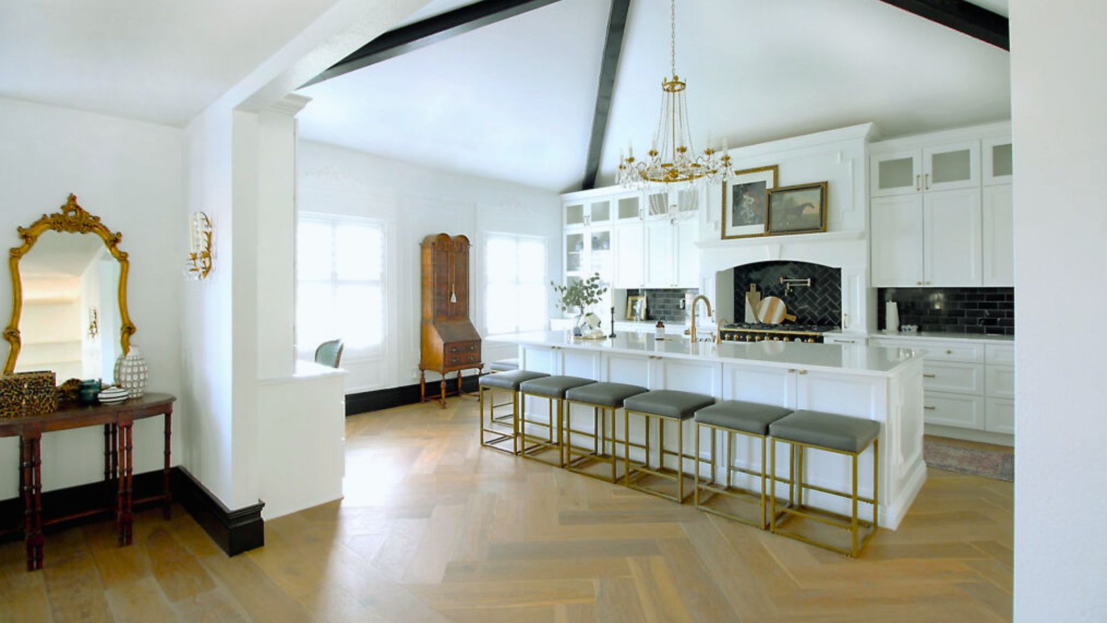 Hardwood flooring transition in kitchen.