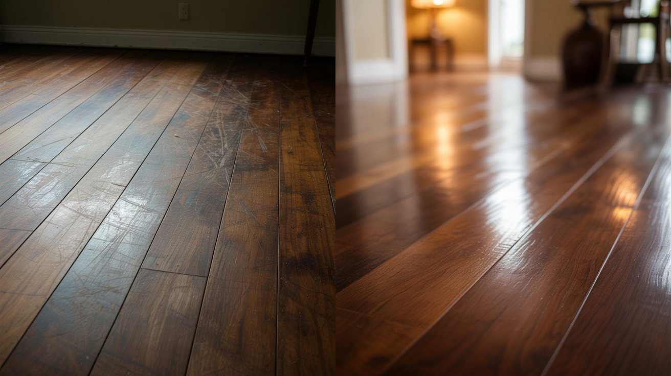 Before and after transformation of painted hardwood floors.