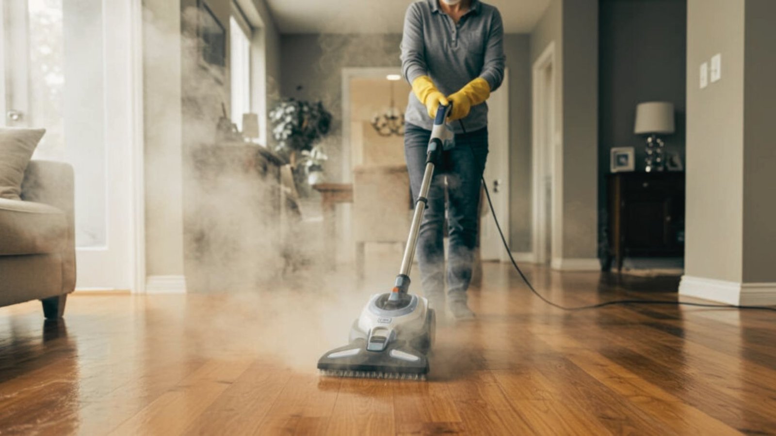 Picture showing steam cleaning hardwood floors.