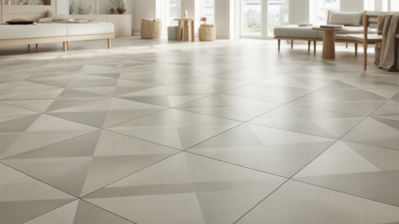 Neutral geometric painted linoleum flooring.