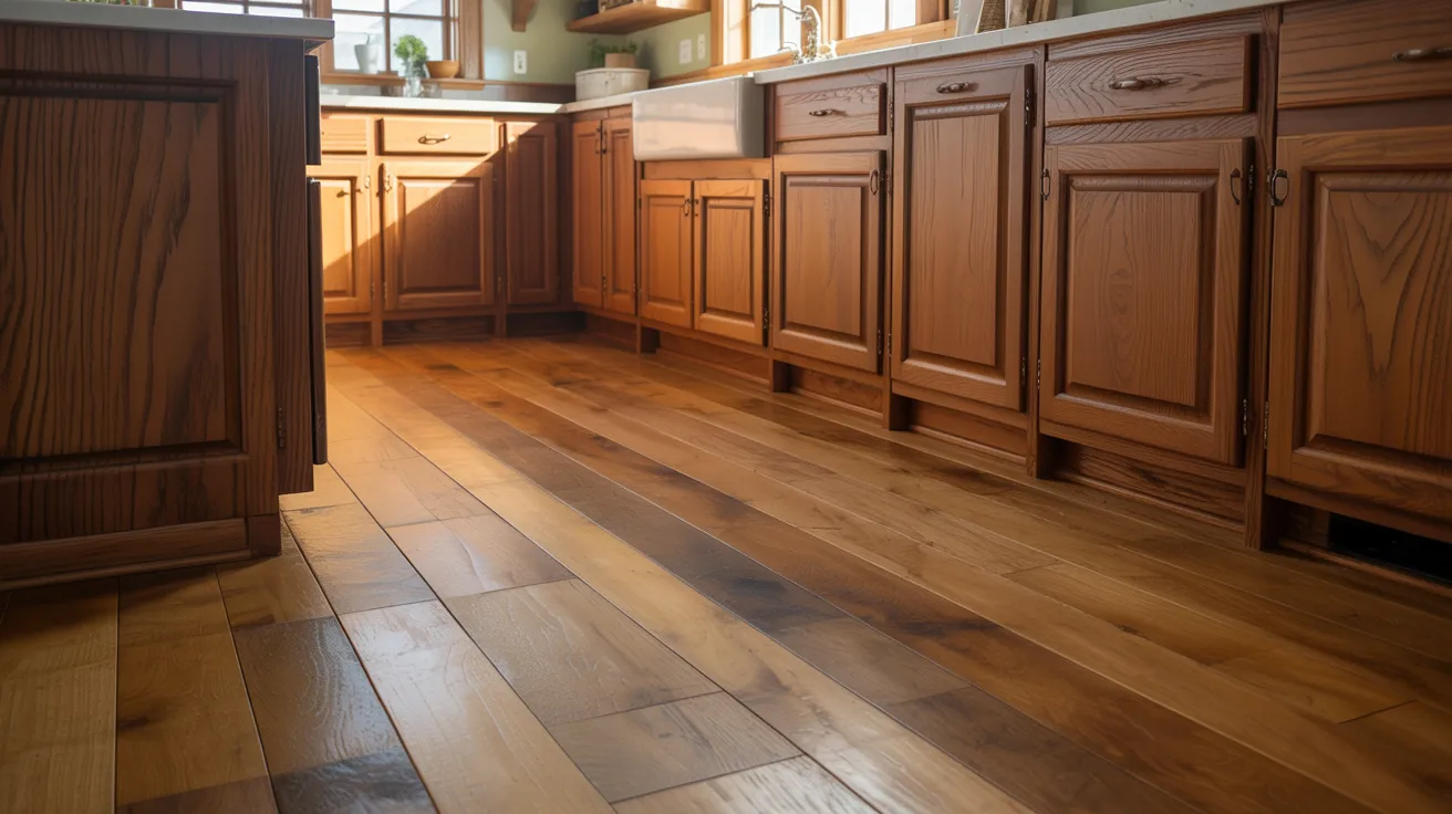 Natural oak hardwood flooring paired with oak cabinets in a farmhouse kitchen.