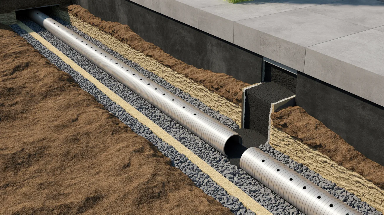 French drain system installed along a basement foundation wall
