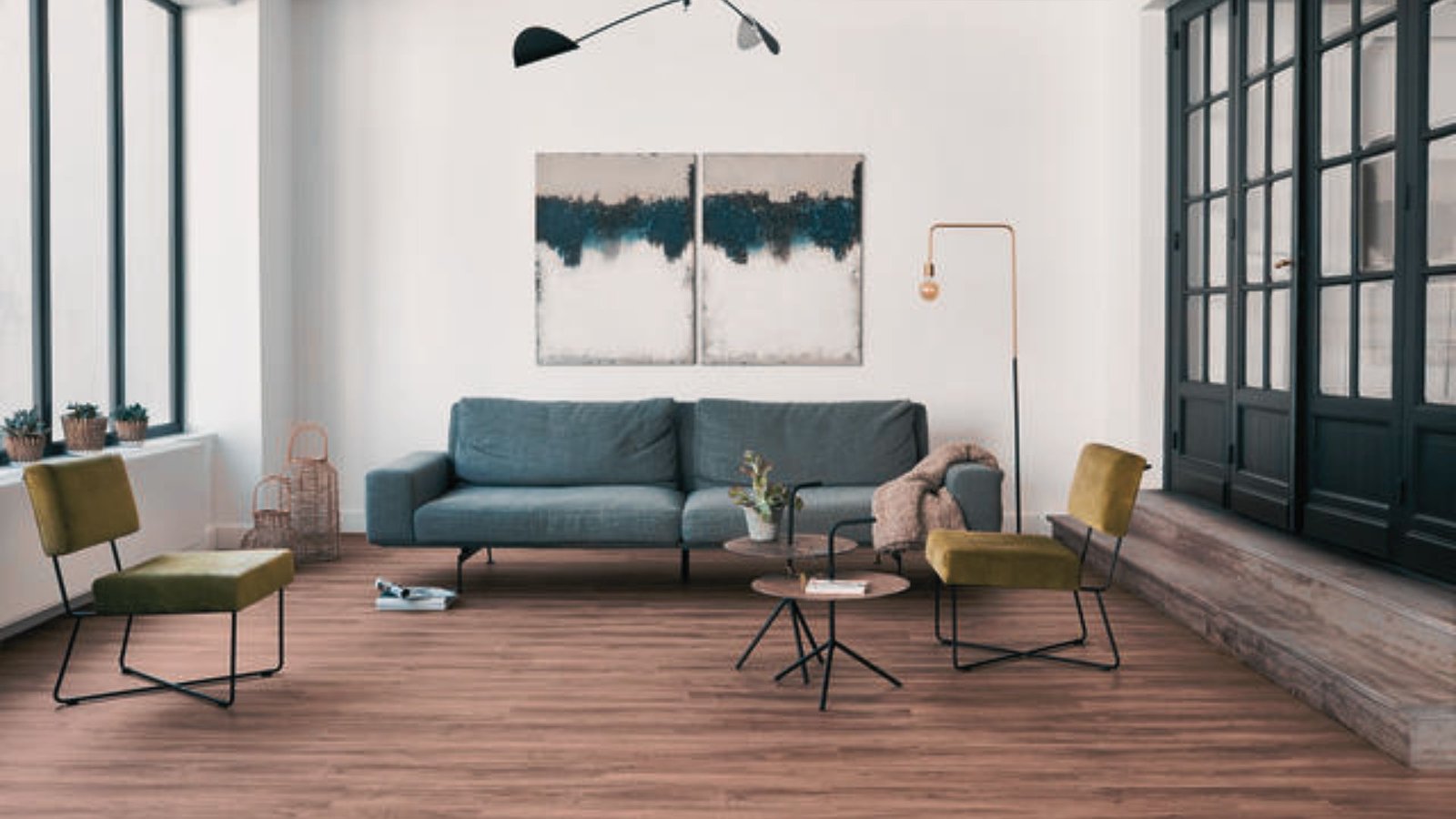 Living room having luxury vinyl plank.