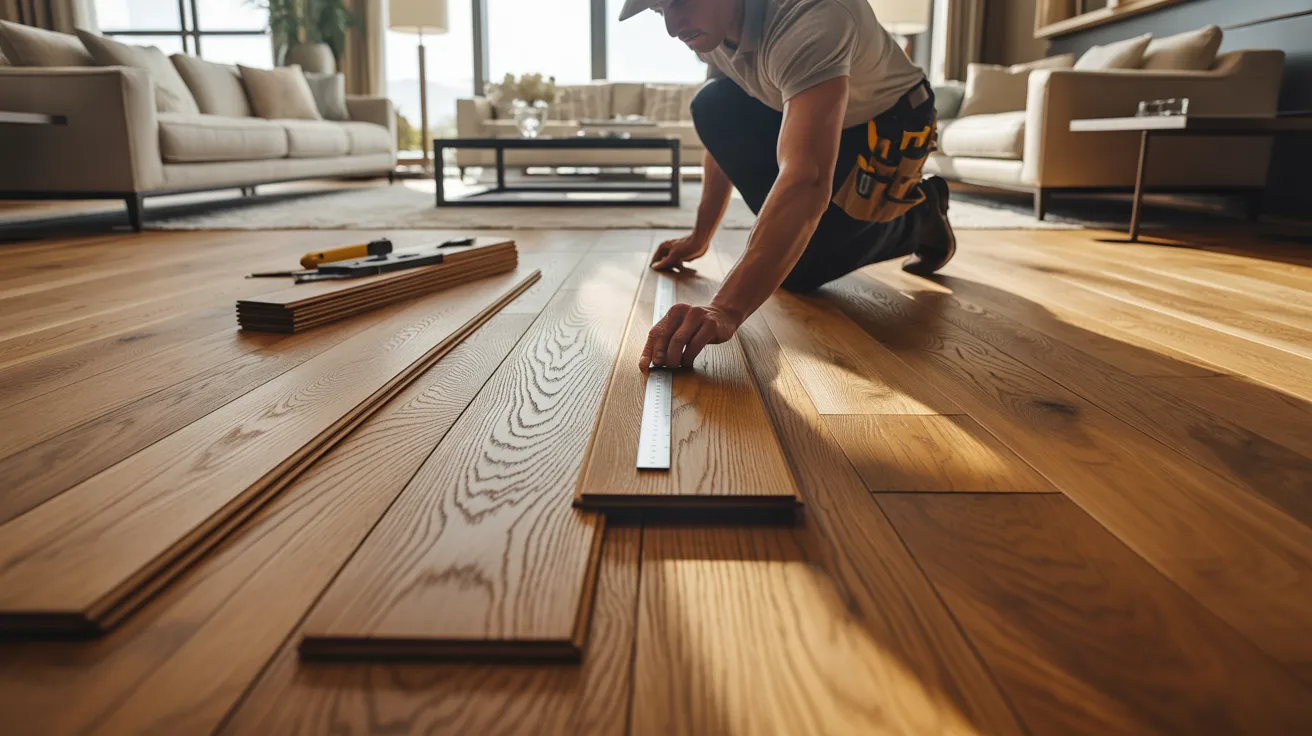Modern living room with newly installed hardwood flooring and renovation setup