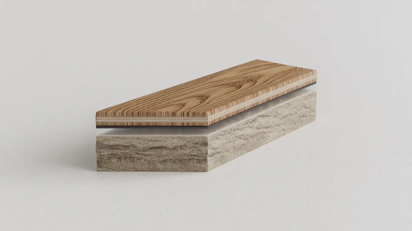 SPC flooring cross section showing rigid waterproof core layers for durability and scratch resistance.