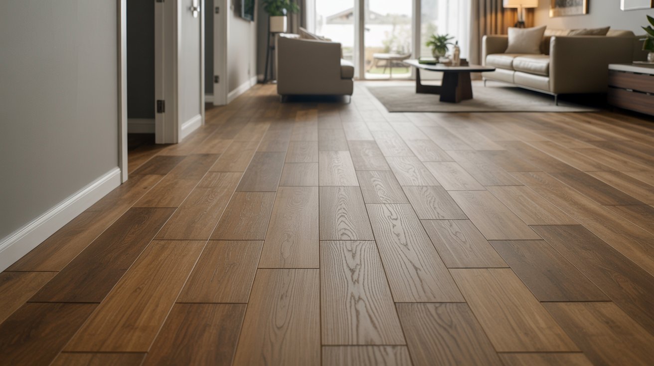 Vinyl flooring direction change used to define room spaces.
