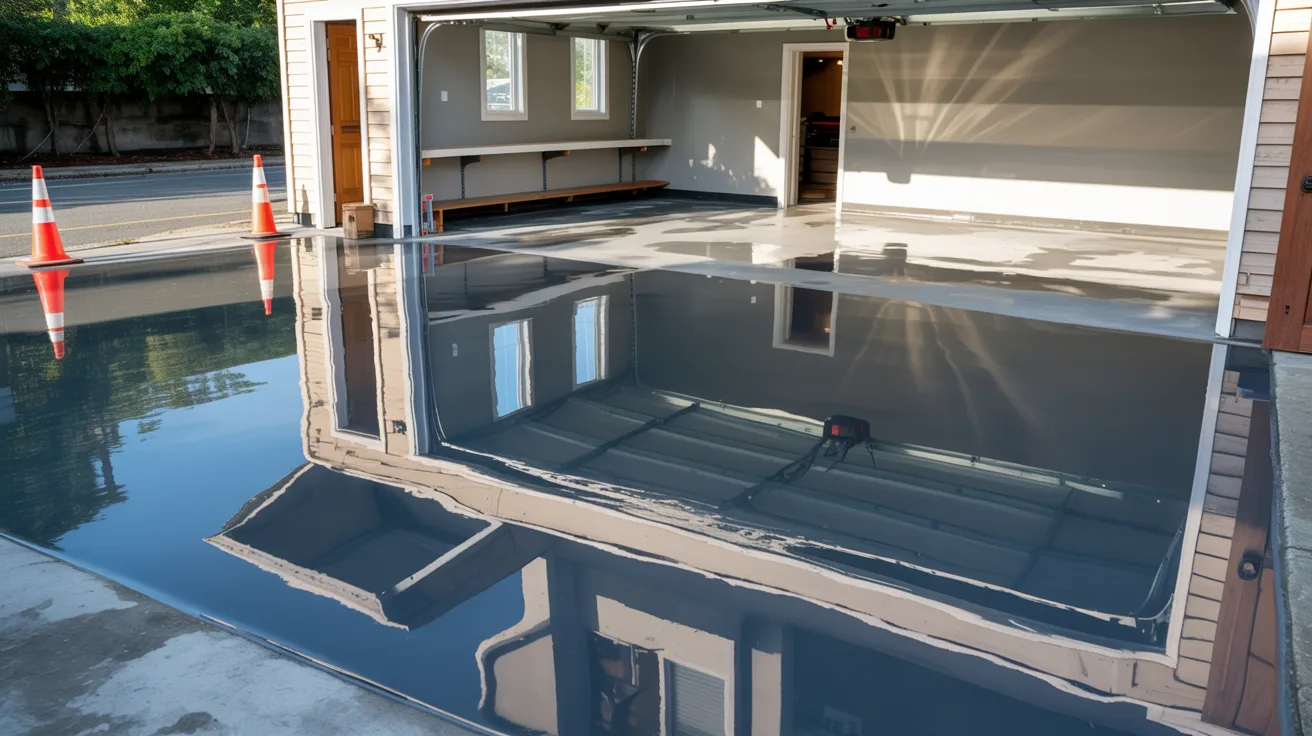 Fresh epoxy garage floor curing inside a clean garage space.