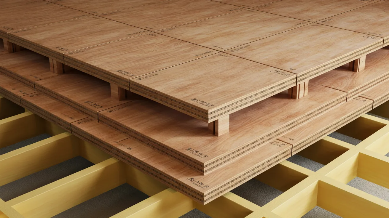 Plywood subfloor installation over wooden floor joists in a home.