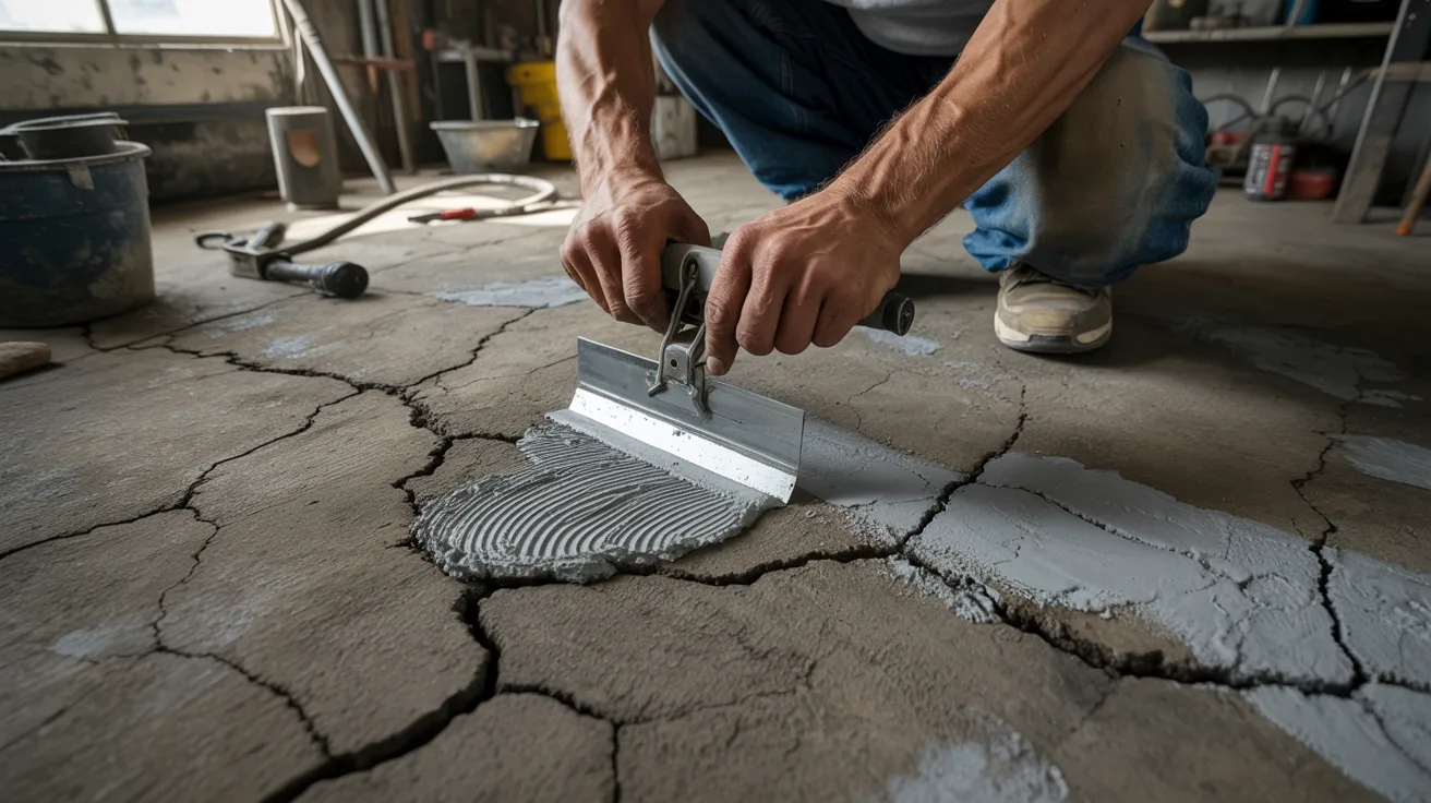 Repairing cracks and damaged areas on a concrete garage floor before coating
