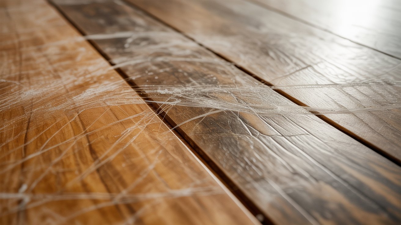 Close-up view of the protective wear layer on luxury vinyl plank flooring.