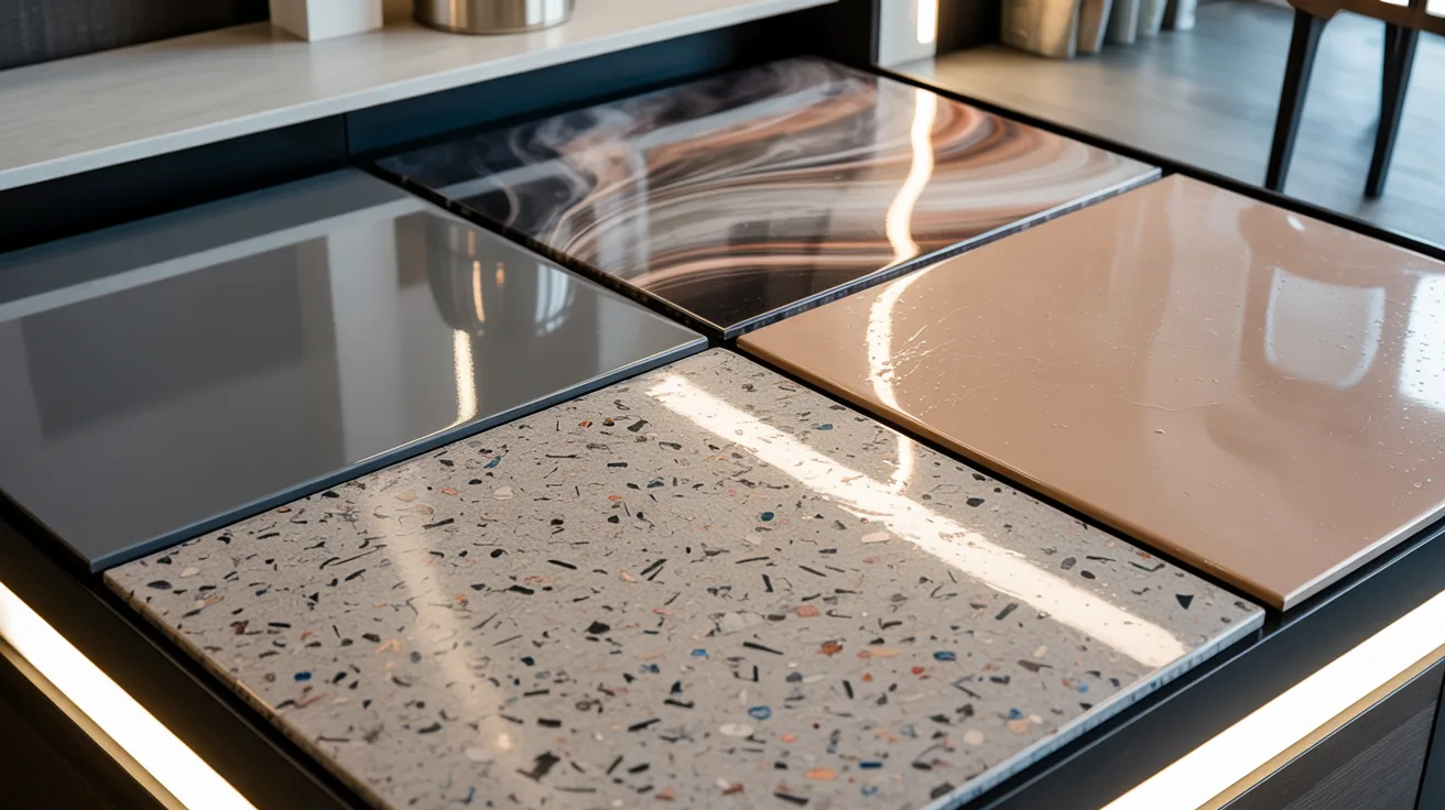 Different residential epoxy flooring finishes including metallic, flake, and solid color coatings.
