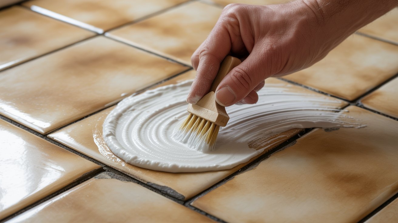 Applying grout cleaning solution to tile floor.