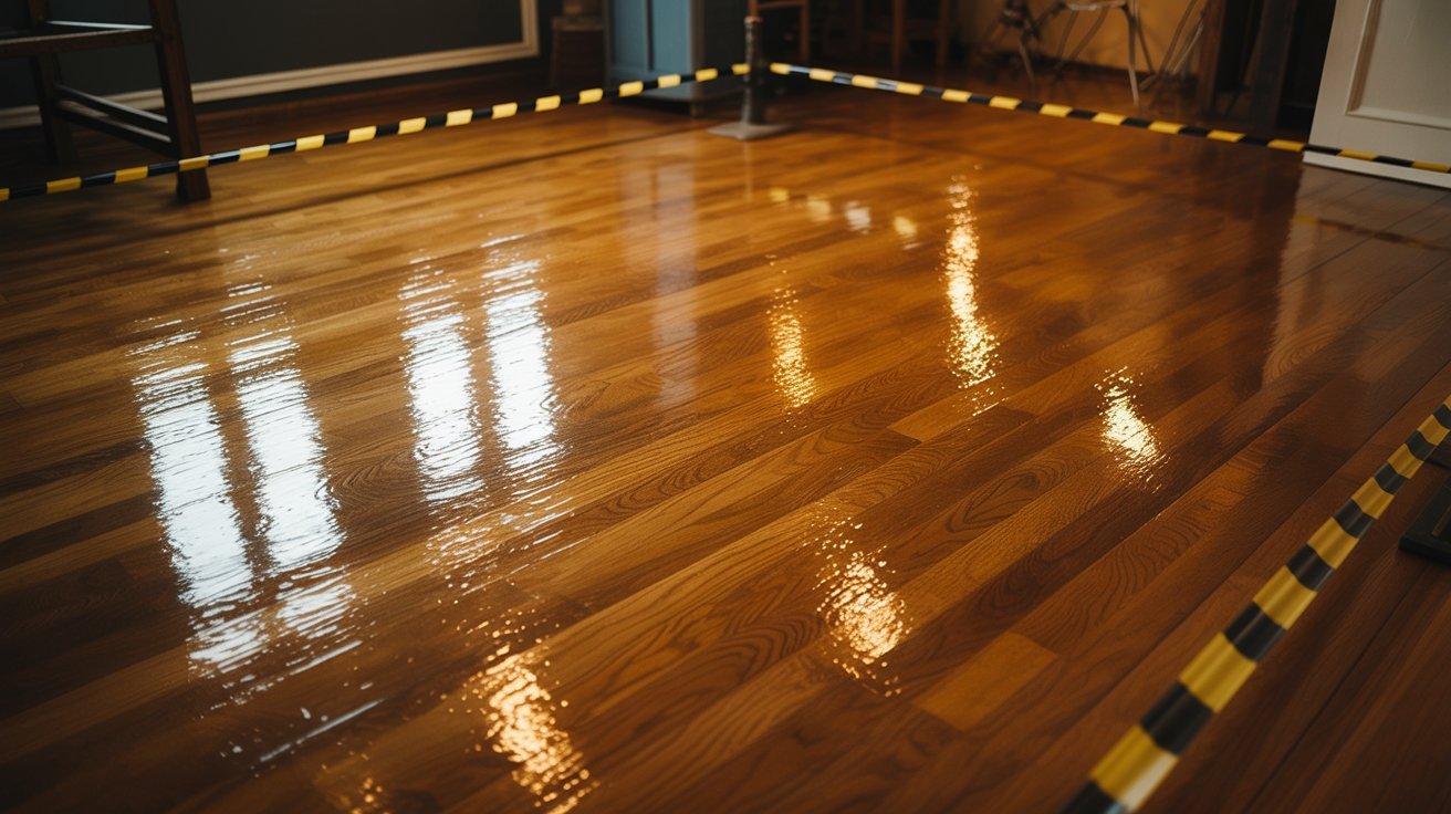 Oil-based polyurethane finishes drying on hardwood floors.