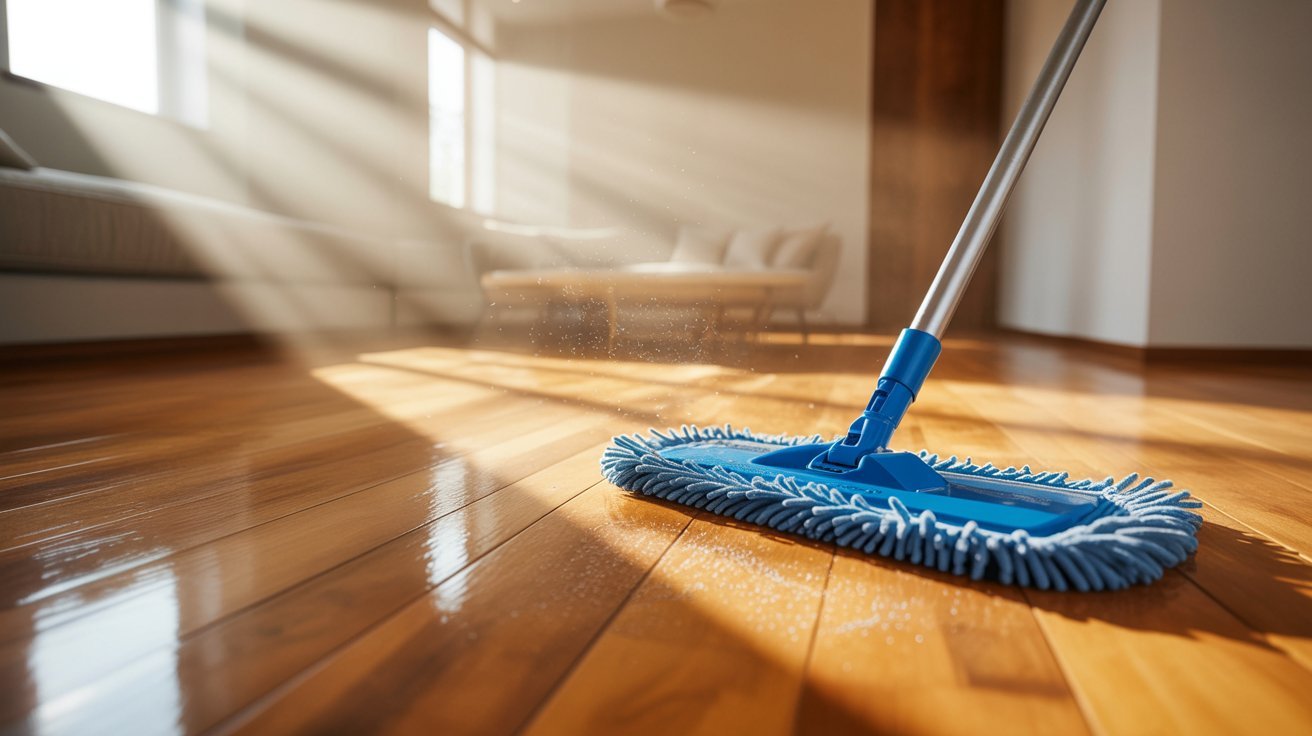 Microfiber mop cleaning hardwood floors.