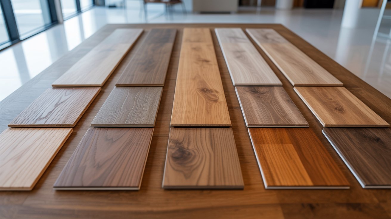 Luxury vinyl plank flooring samples displayed beside hardwood flooring samples.