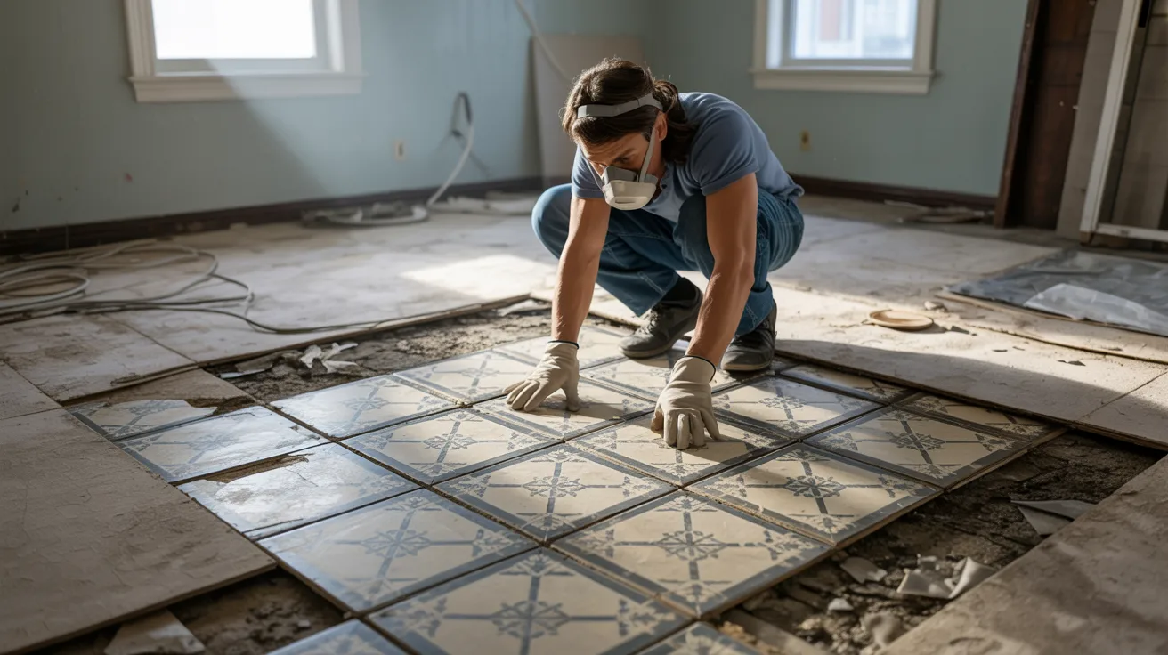 Old asbestos floor tiles being inspected inside an older home.