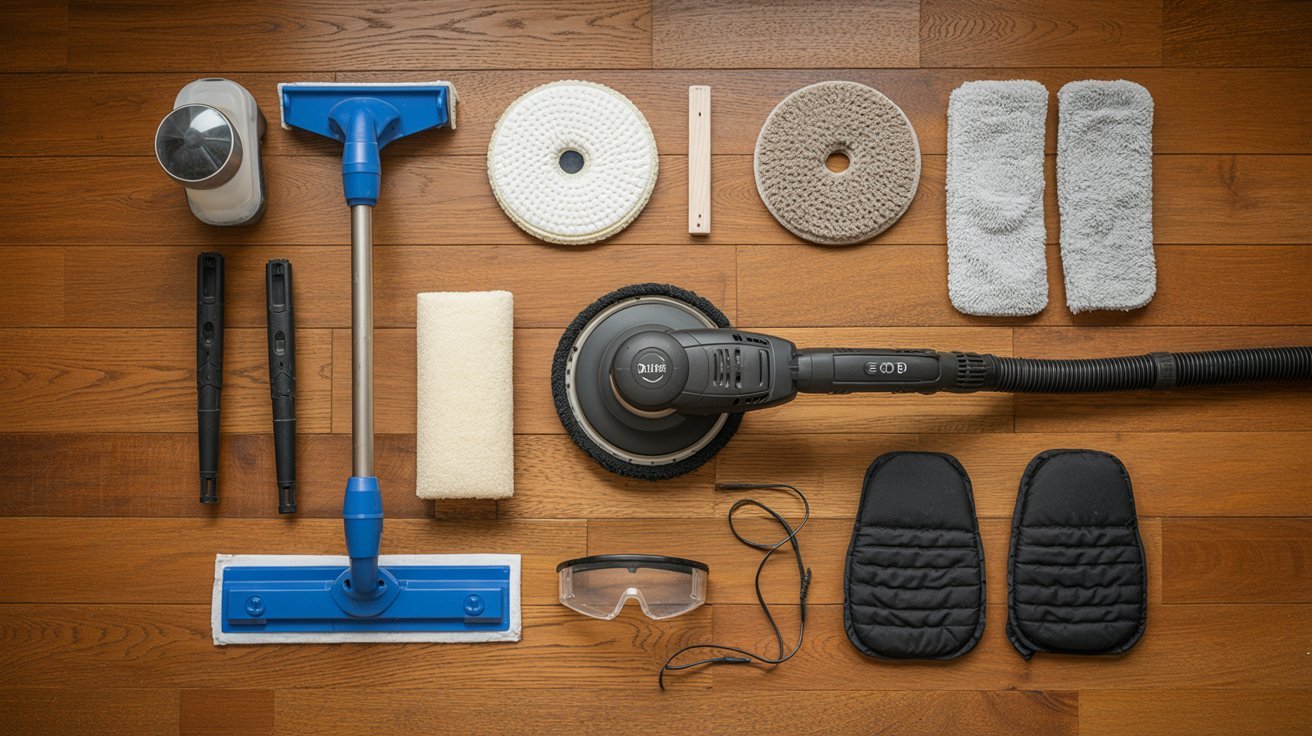 Essential tools and supplies for buffing hardwood floors.