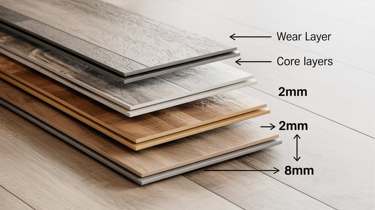 Cross-section diagram showing different vinyl flooring thickness levels.