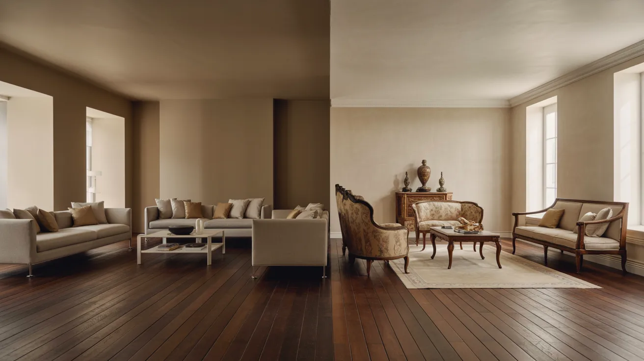 Modern and traditional home design with dark hardwood floors