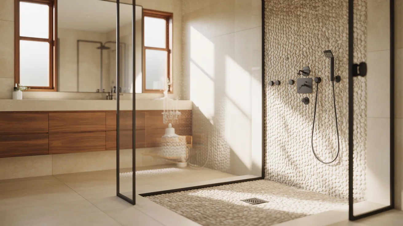 Modern bathroom with a natural pebble shower floor and glass walk-in shower.