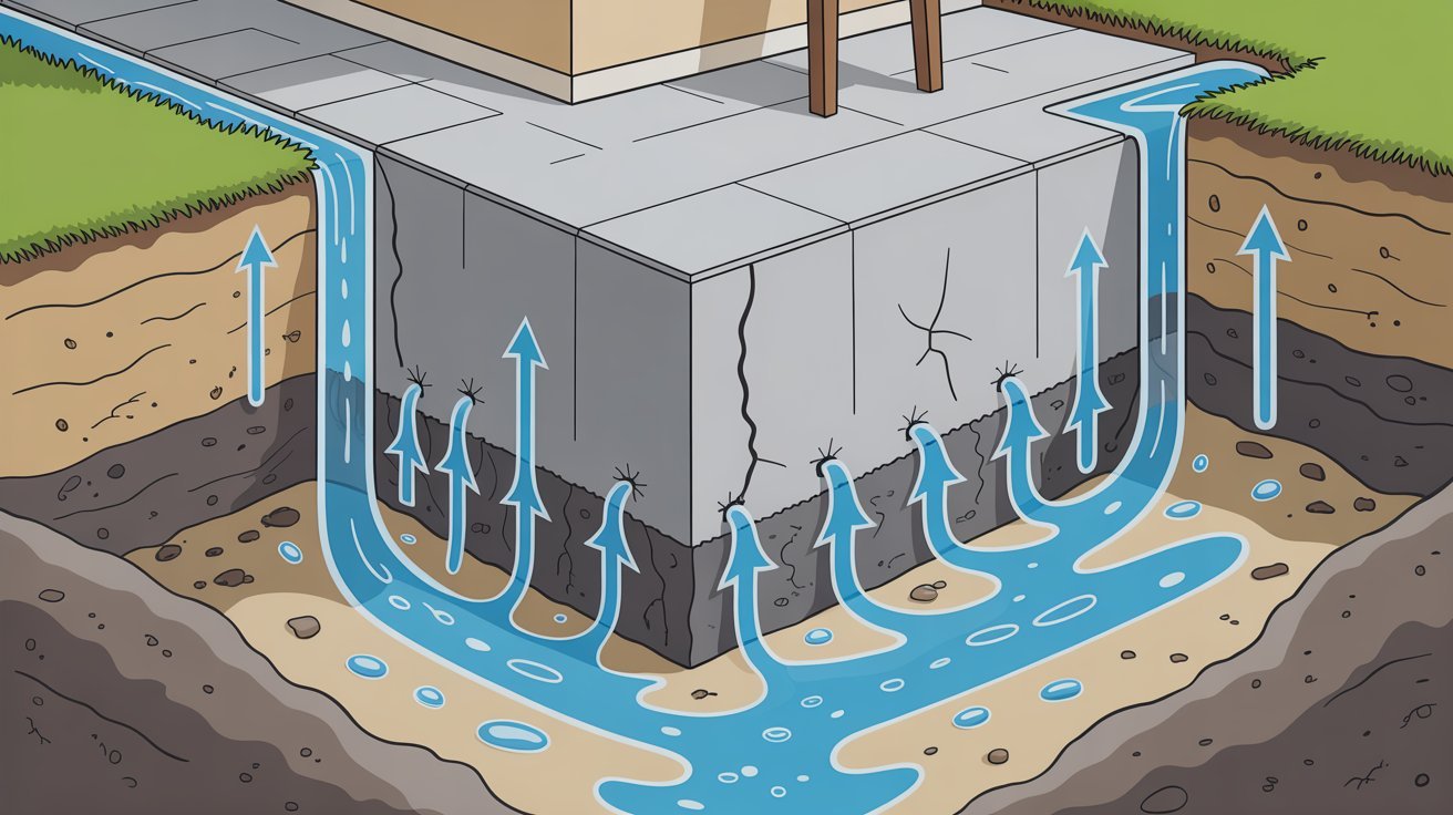 Hydrostatic pressure forcing water against a basement floor.