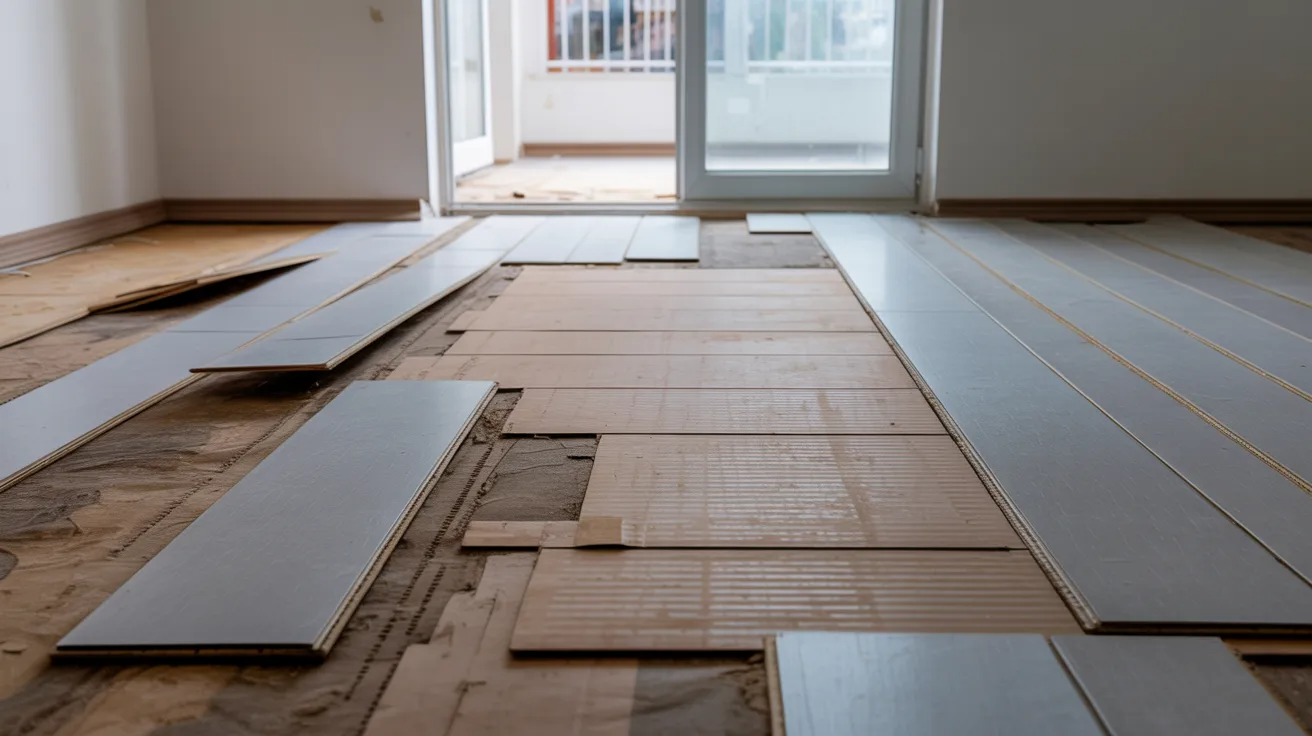 Exposed wooden subfloor visible beneath partially removed vinyl planks during a home flooring renovation