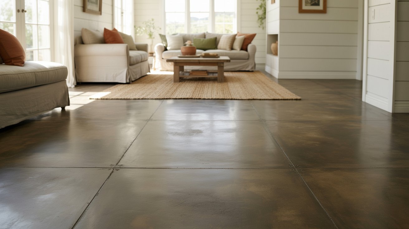Matte rustic concrete floor in a farmhouse living room.