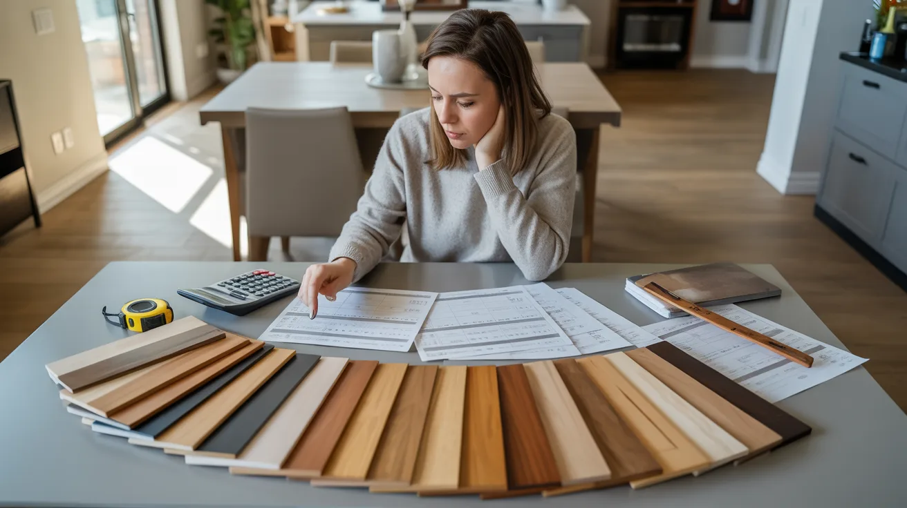Homeowner comparing hardwood flooring installation costs and wood samples