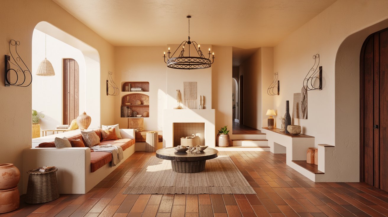 Burnt sienna and clay toned hardwood floors in a Mediterranean inspired living space.
